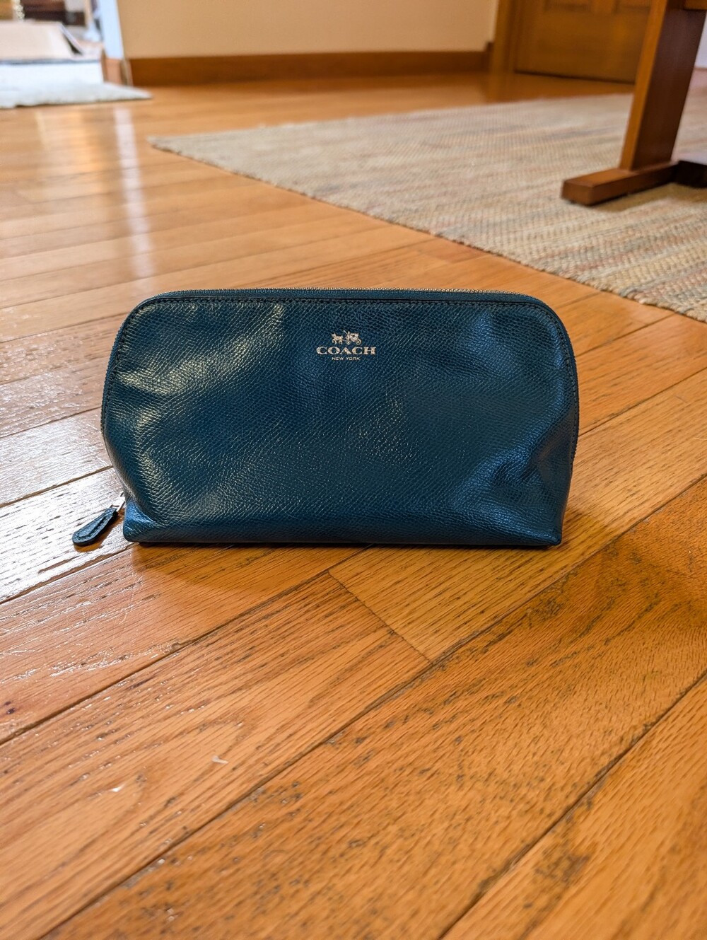Coach Cosmetics Make-up Bag Clutch Teal Blue Textured Leather Hide Travel Case